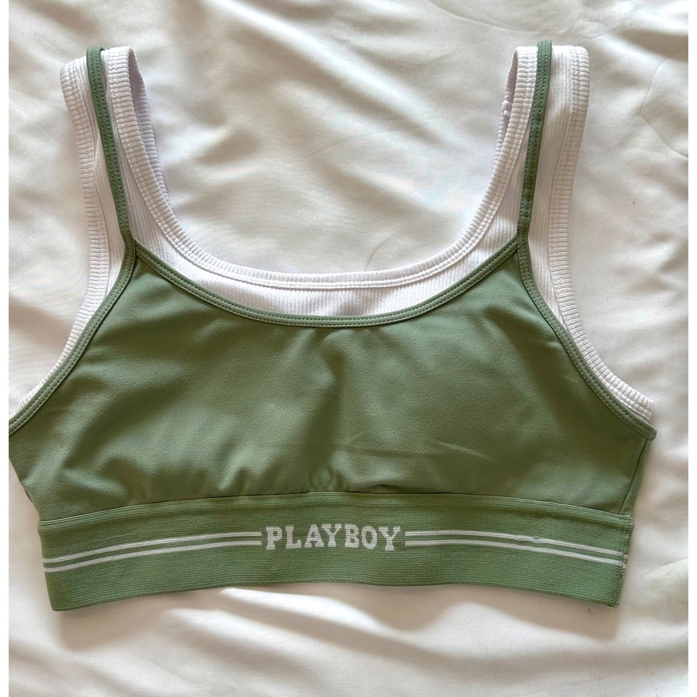 Playboy Womens Layered Sports Bra Sage Green White Ribbed Logo Size Medium